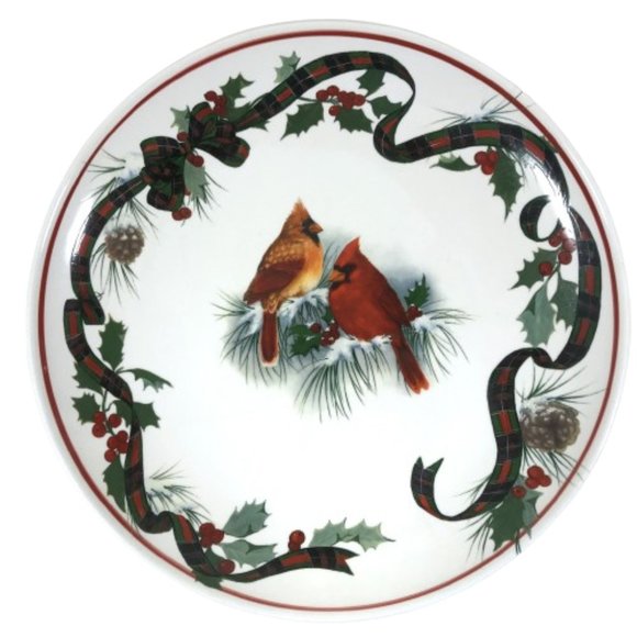 Christmas Cardinal Decorative Plate Mistletoe Mountain White Red - Picture 1 of 7